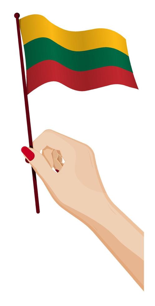 Female hand gently holds small flag of lithuania. Holiday design element. Cartoon vector on white background