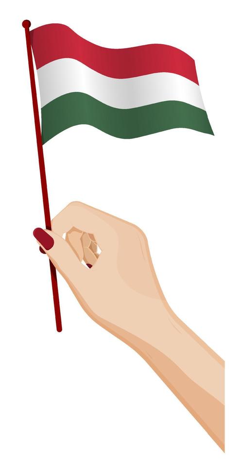 Female hand gently holds small flag of hungary. Holiday design element. Cartoon vector on white background