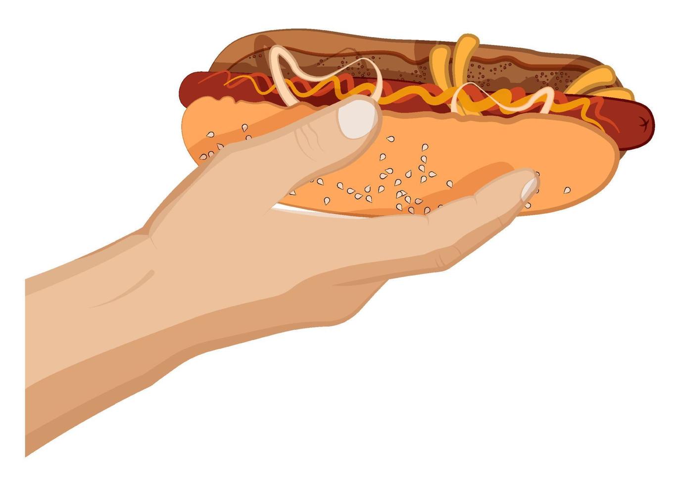 perrito caliente americano con salchicha, mostaza y ketchup en la mano de un hombre. comida rápida. vector de dibujos animados sobre fondo blanco