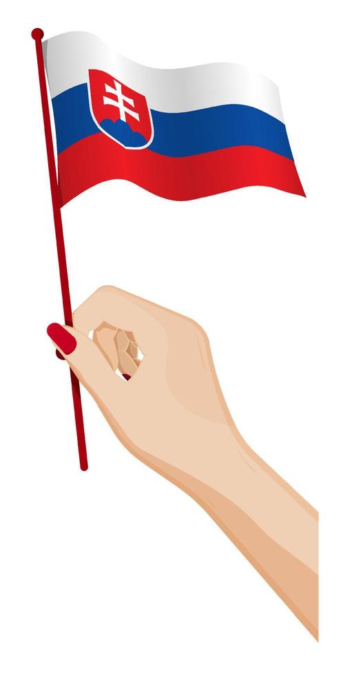 Female hand gently holds small flag of Slovakia. Holiday design element. Cartoon vector on white background