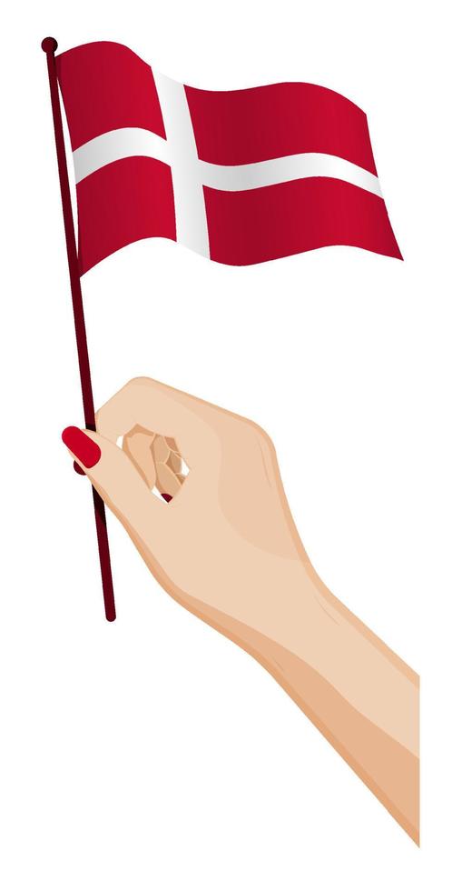 la mano femenina sostiene suavemente la pequeña bandera de dinamarca. elemento de diseño de vacaciones. vector de dibujos animados sobre fondo blanco