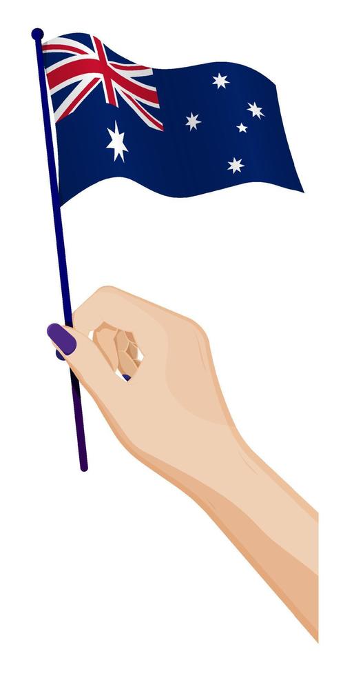 Female hand gently holds small Flag of Australia. Holiday design element. Cartoon vector on white background