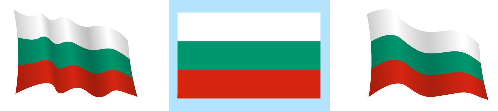 bandera de bulgaria en posición estática y en movimiento, desarrollándose en el viento en colores y tamaños exactos, sobre fondo blanco vector