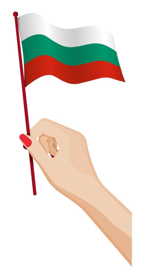 Female hand gently holds small Bulgaria flag. Holiday design element. Cartoon vector on white background