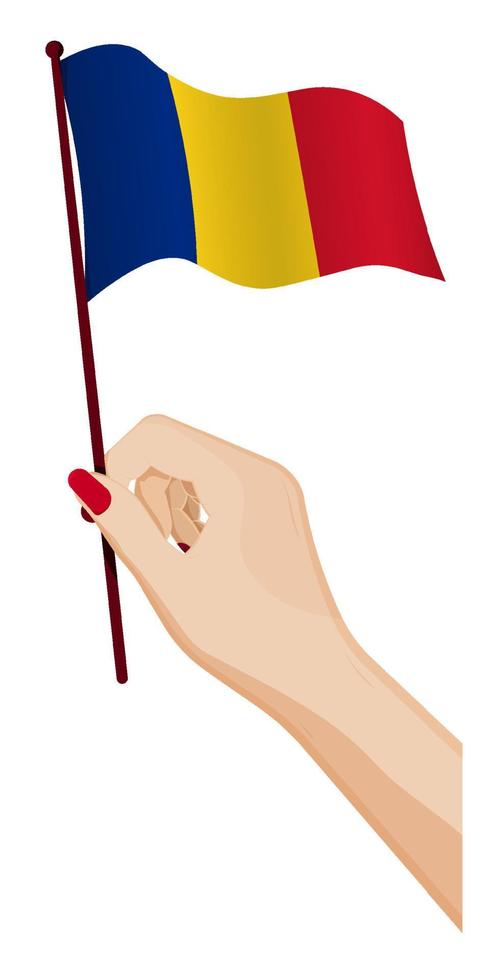 la mano femenina sostiene suavemente la pequeña bandera de rumania. elemento de diseño de vacaciones. vector de dibujos animados sobre fondo blanco