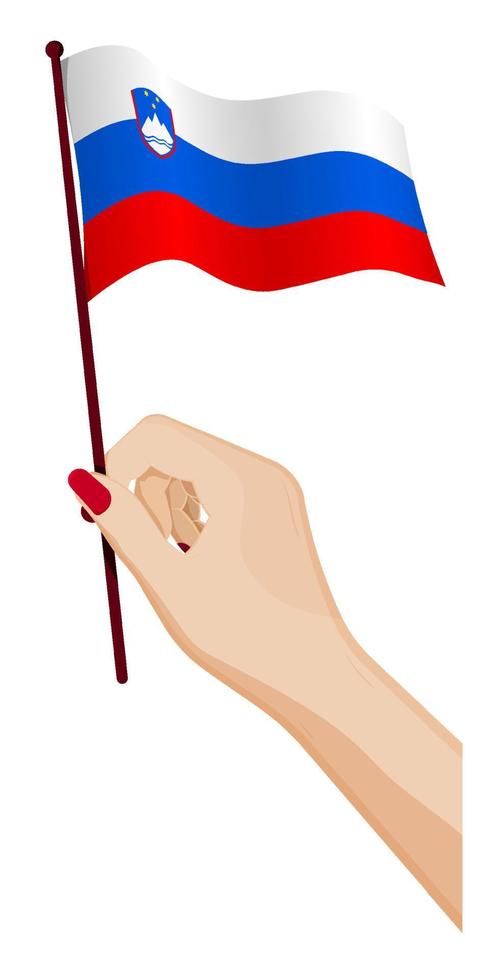 la mano femenina sostiene suavemente la pequeña bandera de eslovenia. elemento de diseño de vacaciones. vector de dibujos animados sobre fondo blanco