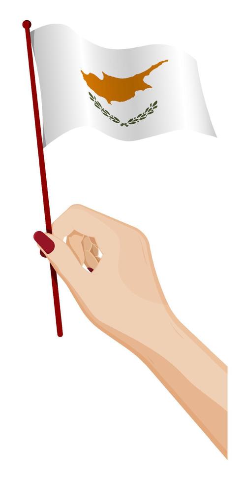 Female hand gently holds small flag of republic of Cyprus. Holiday design element. Cartoon vector on white background