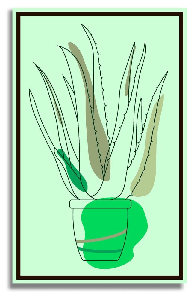 Aloe. Abstract painting in frame for decor. Indoor tropical plant in flower pot. Wide fleshy leaves, succulents, cactus. Healing indoor flowers. Plants in batanic garden. Vector