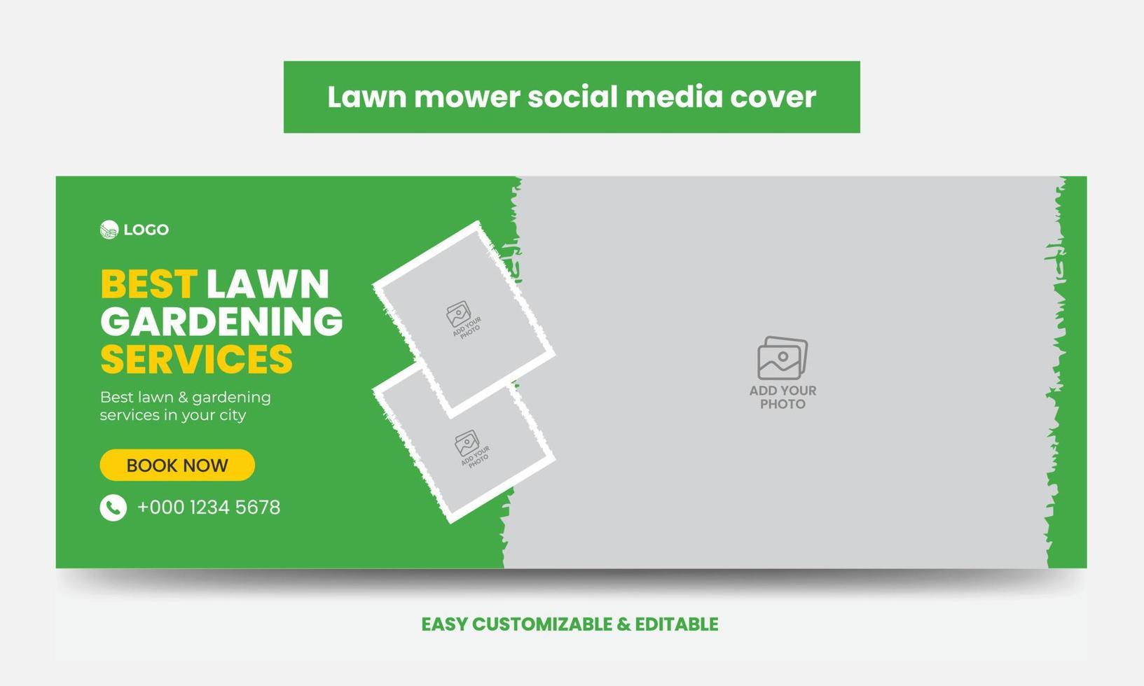 Lawn mower Promotion Social Media Cover Photo Design Template. Mowing Service Social Media Timeline Web Banner vector