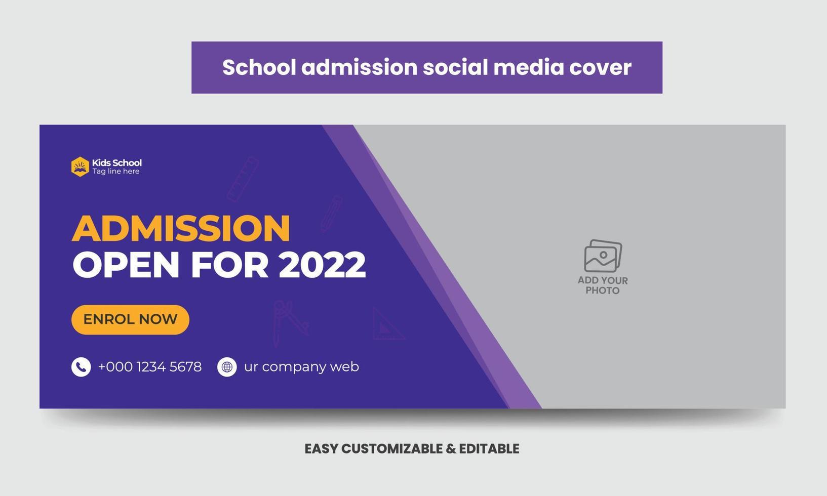 diseño de plantilla de foto de portada de redes sociales de educación escolar de admisión junior. banner de web de línea de tiempo de admisión a la escuela vector