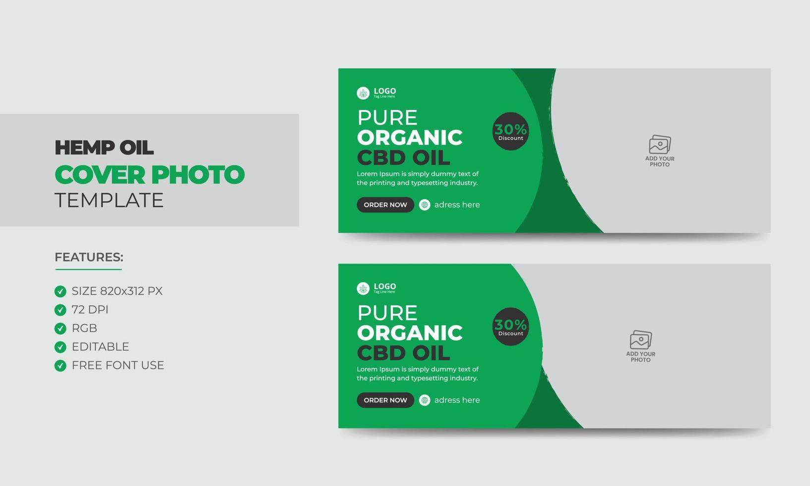 Hemp or CBD product social media cover photo design. Modern cannabis sativa product sale business promotion web banner template vector