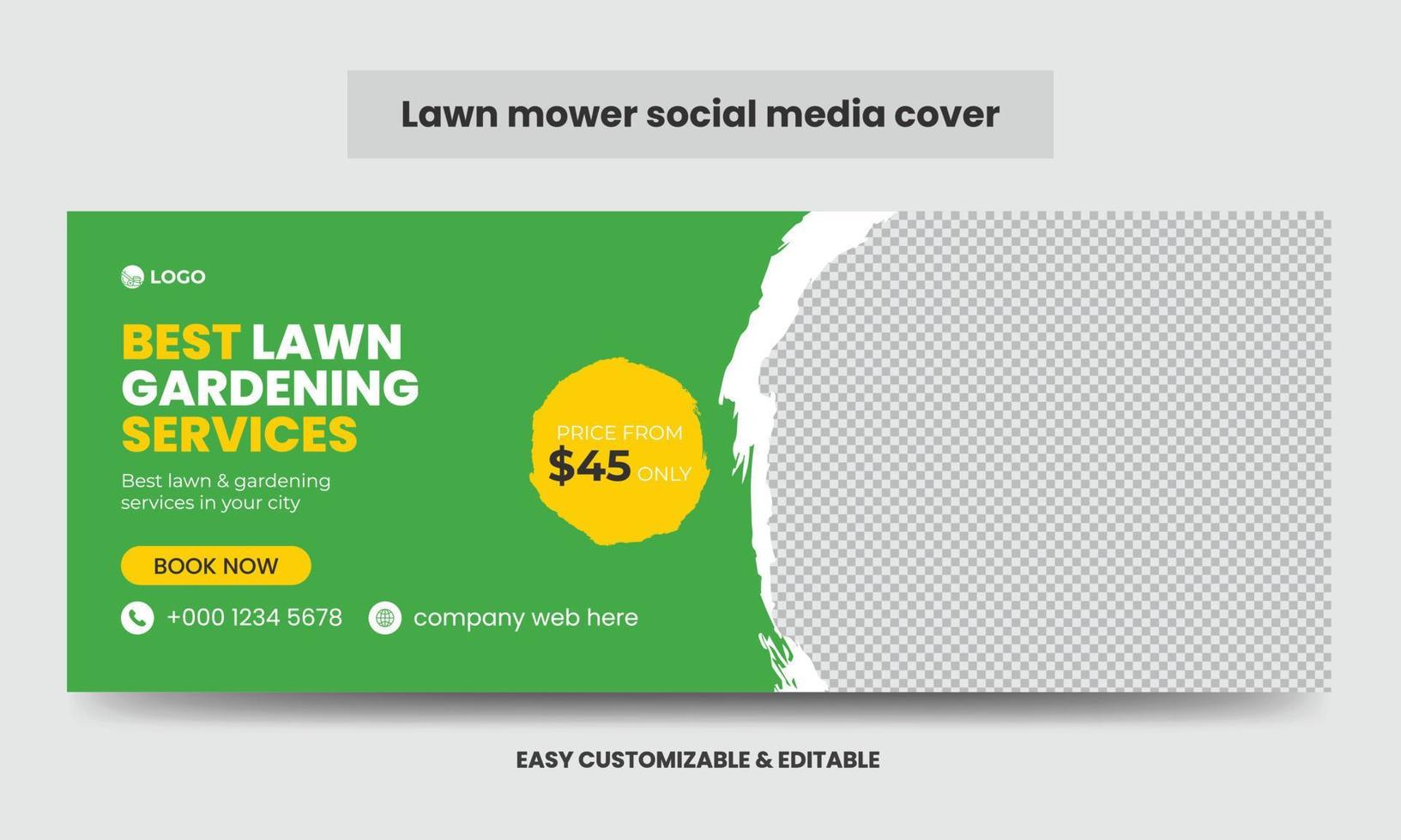Lawn mower Promotion Social Media Cover Photo Design Template. Mowing Service Social Media Timeline Web Banner vector