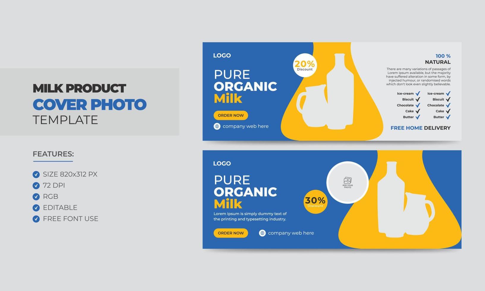 Pure organic milk product sale social media cover photo template. Milk sale timeline web banner design vector