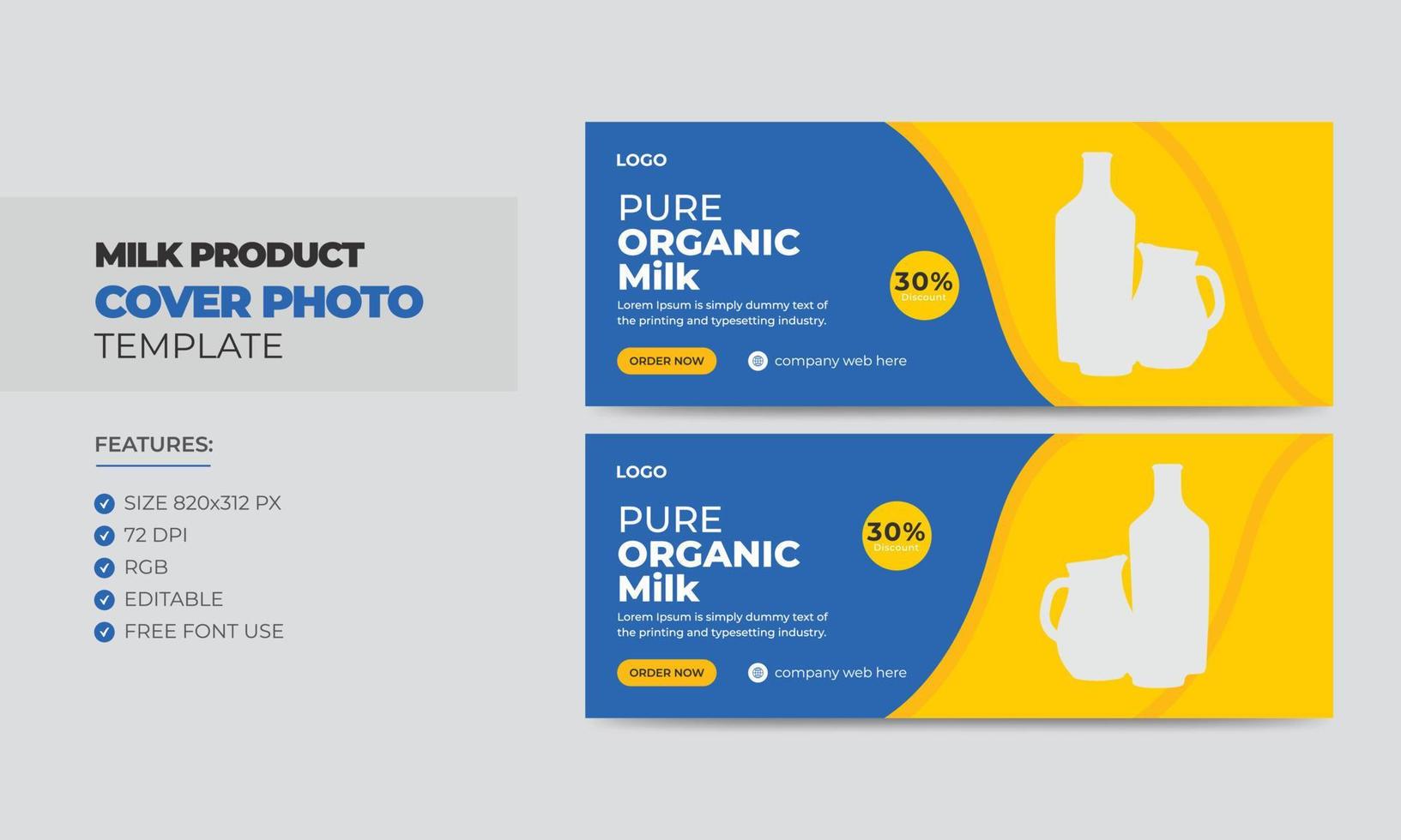 Pure organic milk product sale social media cover photo template. Milk sale timeline web banner design vector