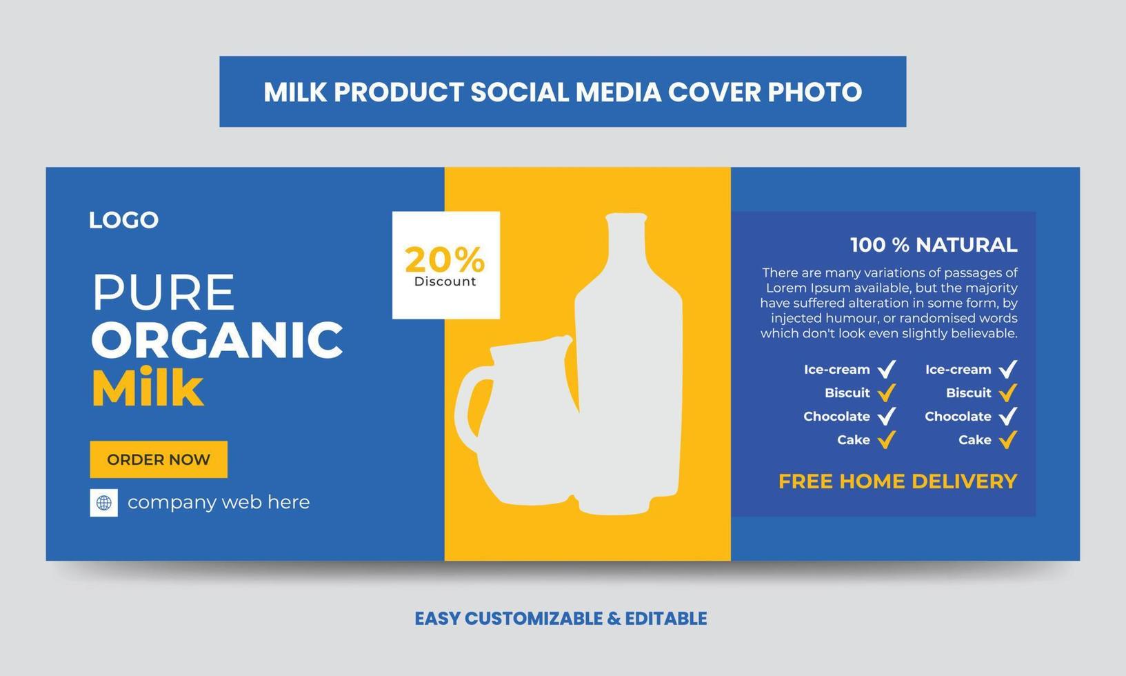 Pure organic milk product sale social media cover photo template. Milk sale timeline web banner design vector