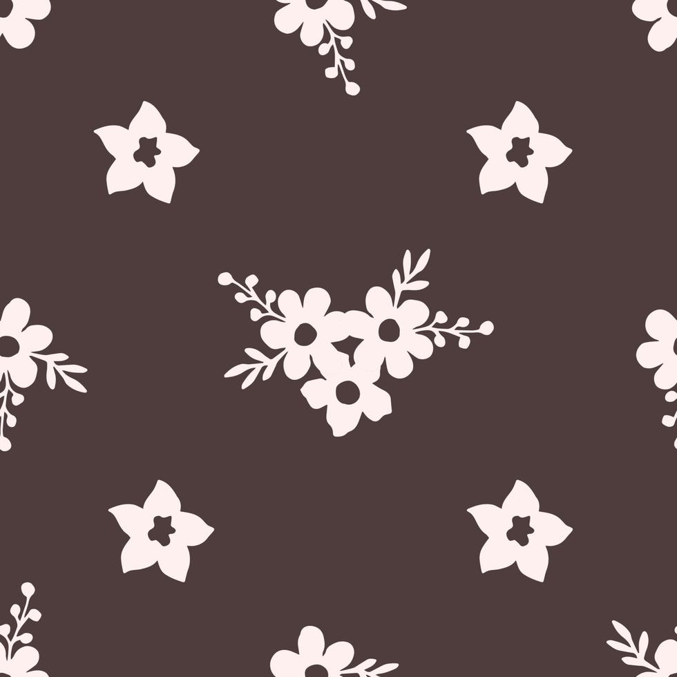 Delicate light flowers on a dark brown background. Hand-drawn simple floral vector seamless pattern. For prints of fabric, textile products, clothing.