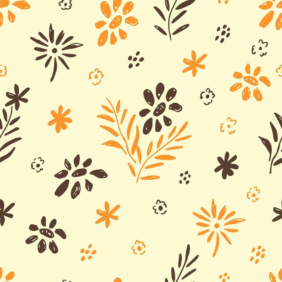 patrón transparente de vector floral dibujado a mano para el diseño de otoño. ramas naranjas, amarillas, marrones, flores rosadas, bayas rojas sobre un fondo beige. para estampados de tela, embalaje, productos textiles, papel.