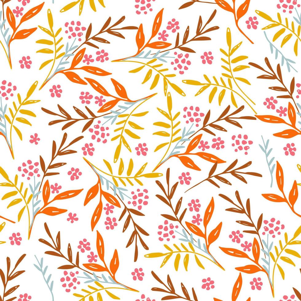 patrón transparente de vector brillante floral dibujado a mano para el diseño de otoño. ramas naranjas, amarillas, azules, bayas rosadas sobre un fondo blanco. para estampados de tela, embalaje, productos textiles, papel.