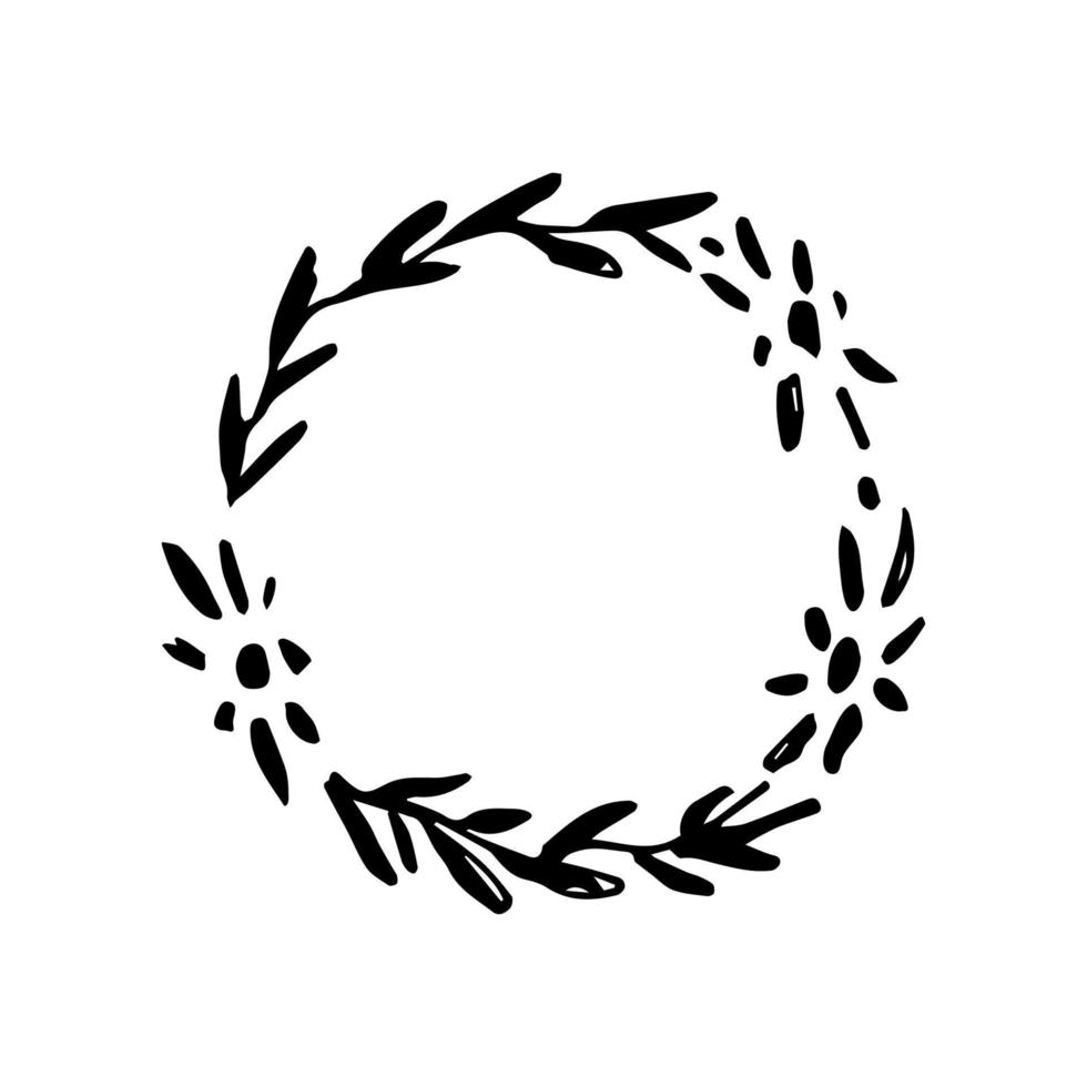 marco redondo de vector floral simple dibujado a mano. una corona de flores, hojas, ramitas. para impresiones de etiquetas, postales, invitaciones. boceto en blanco y negro.
