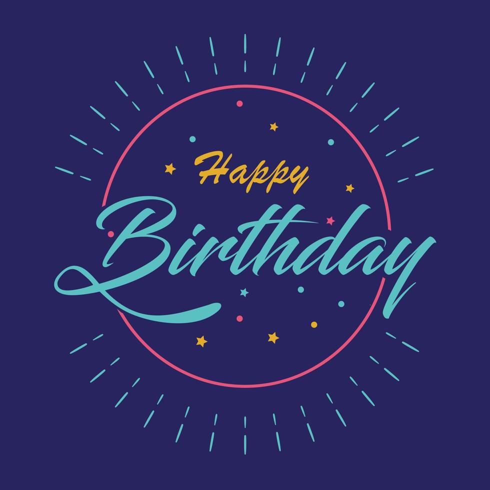 feliz cumpleaños. hermosa tarjeta de felicitación caligrafía rayada palabra de texto negro estrellas doradas. diseño de impresión de camiseta de invitación dibujada a mano. vector aislado de fondo blanco con letras de pincel modernas manuscritas