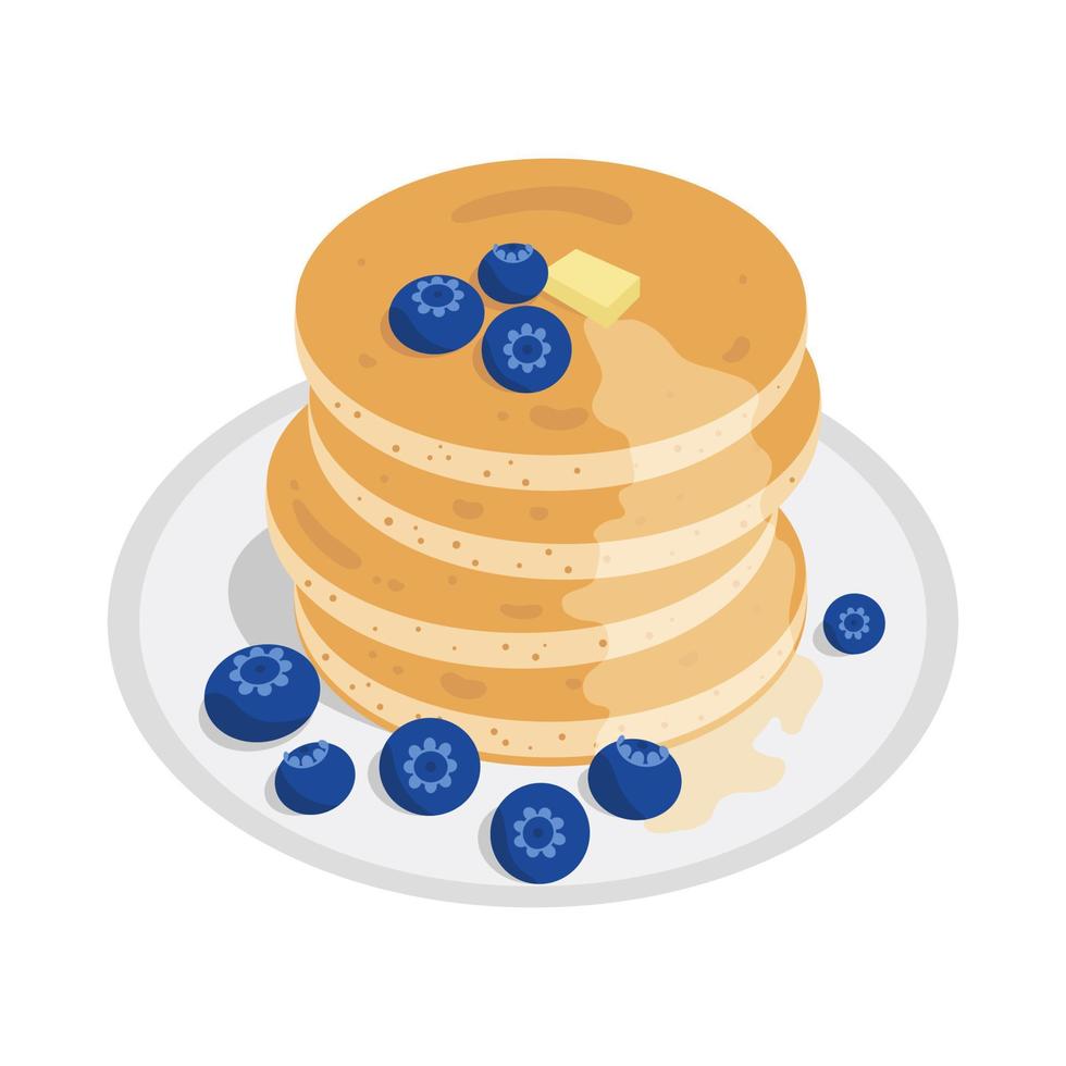 Stack of pancakes with blueberries in plate covered in maple syrup and a piece of butter on top vector