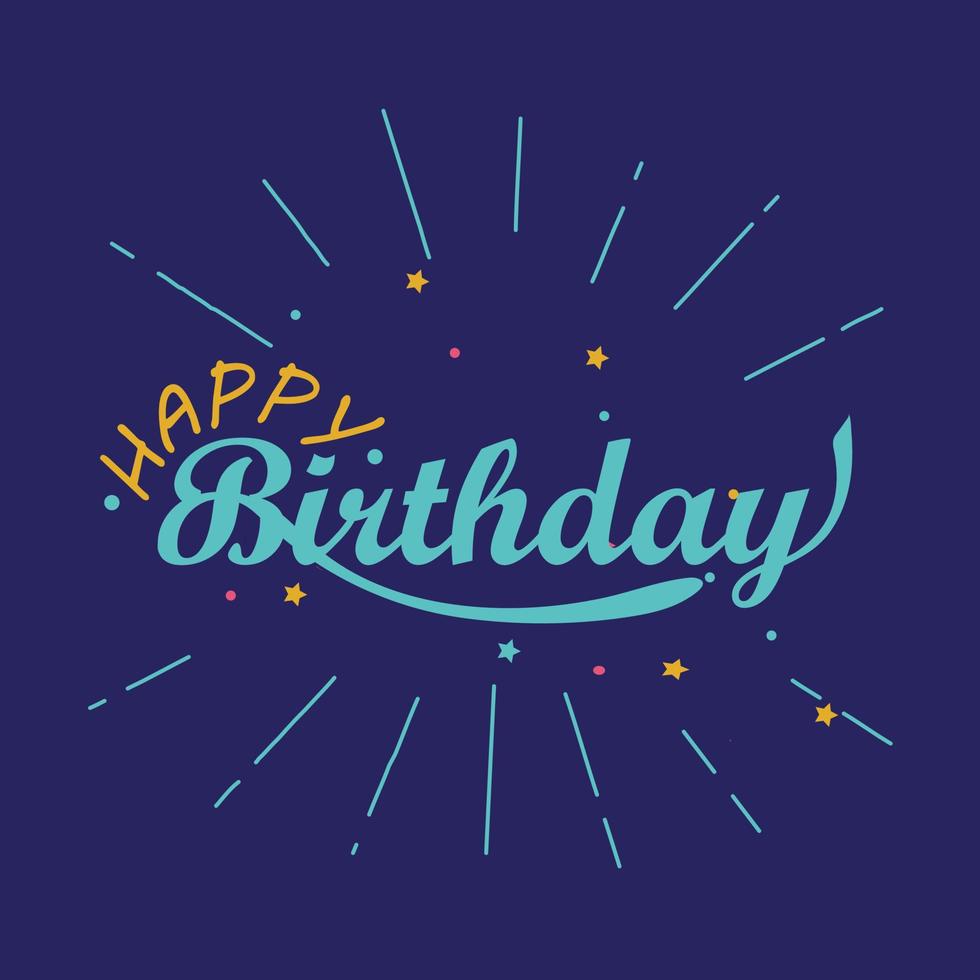 feliz cumpleaños. hermosa tarjeta de felicitación caligrafía rayada palabra de texto negro estrellas doradas. diseño de impresión de camiseta de invitación dibujada a mano. vector aislado de fondo blanco con letras de pincel modernas manuscritas