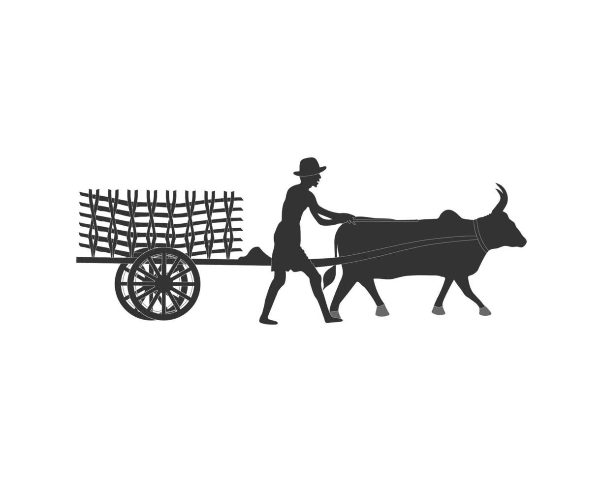 Farmer riding a bullock cart. Vector illustration on white background