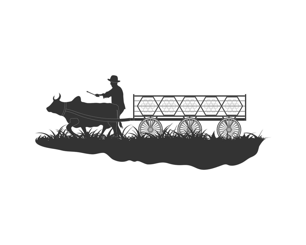 Farmer controlling wooden cart by cow. Vector illustration on white background