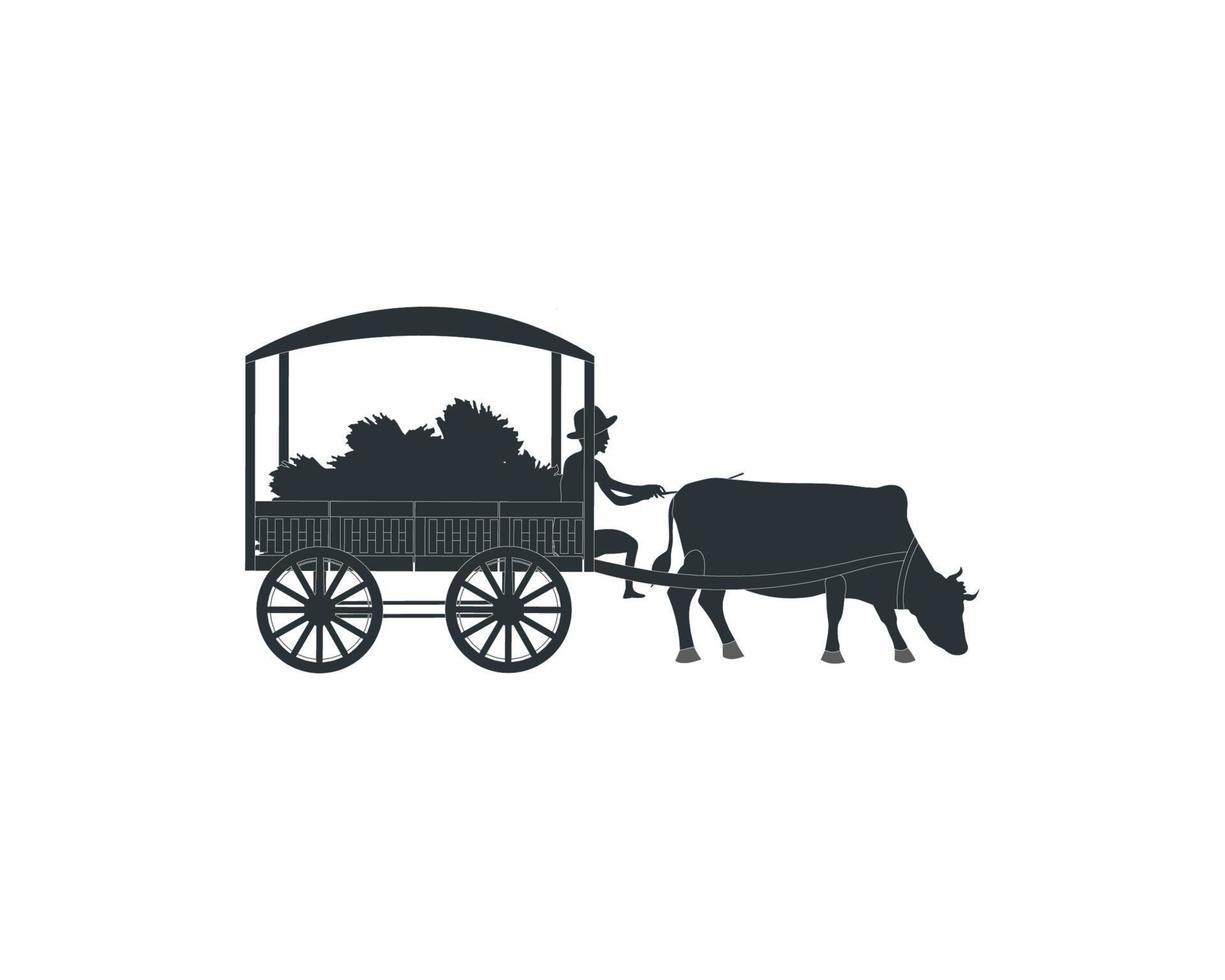 Oxen pulling a huge load on a cart, farmer riding a bullock carts vector