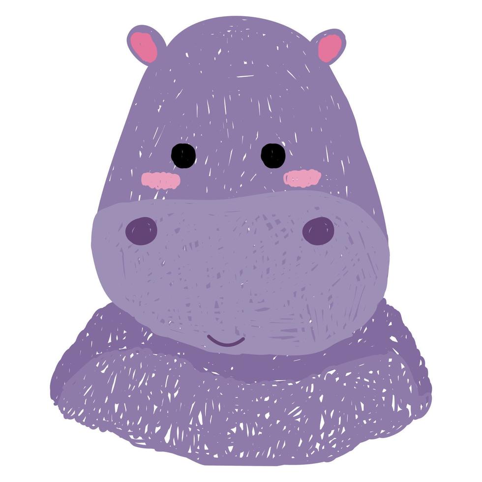 Hand drawn cartoon hippo. Color pencil effect. Vector illustration for kids.