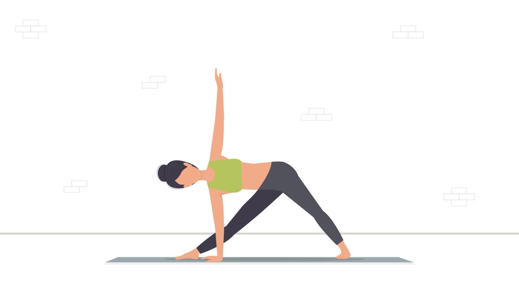 Woman in sportswear demonstrating utthita trikonasana pose vector illustration. Girl standing on the yoga mat in triangle position isolated on white. Woman practicing yoga