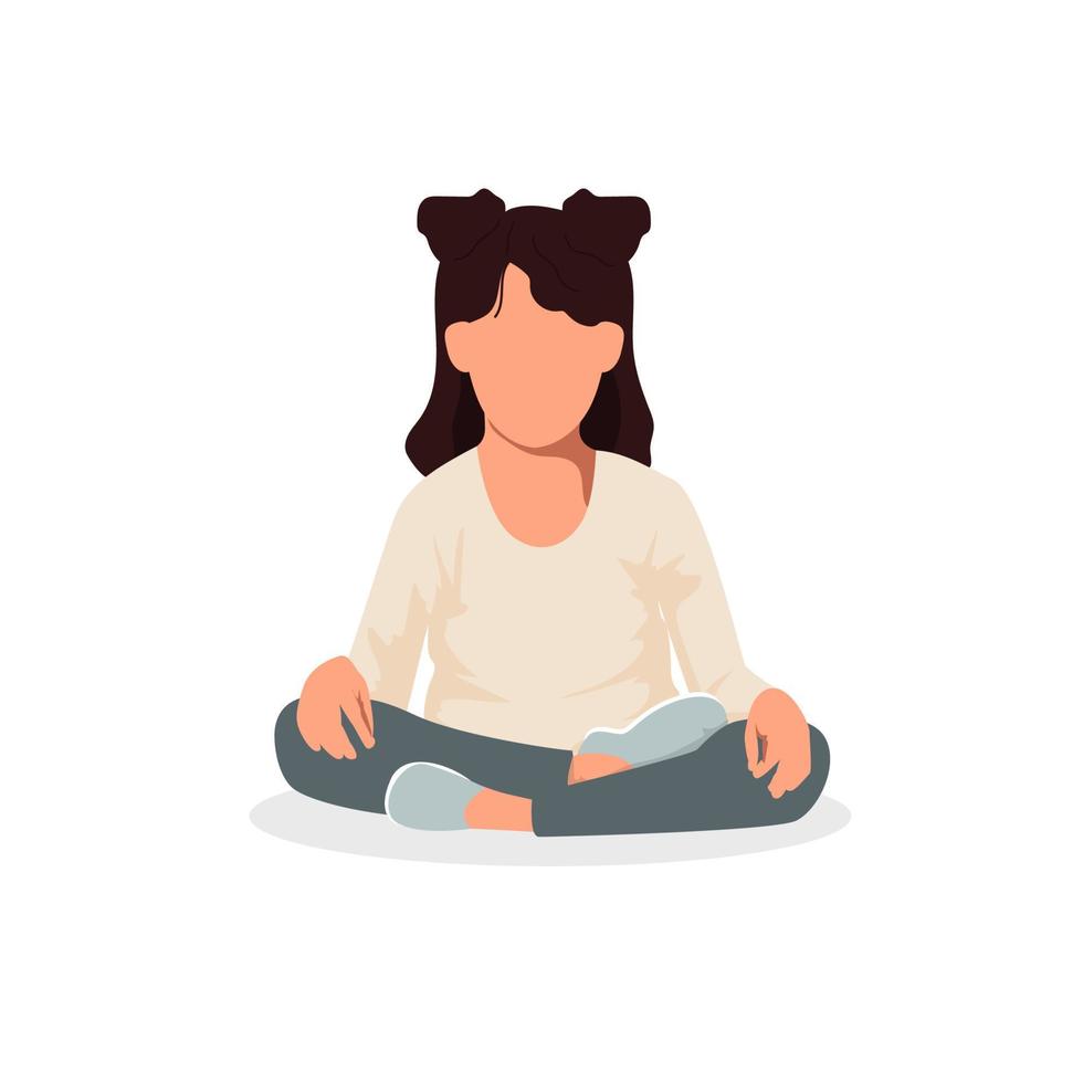 WLittle cute girl meditating isolated on the white background. Vector illustration with sports activity, training or fitness workout for kids