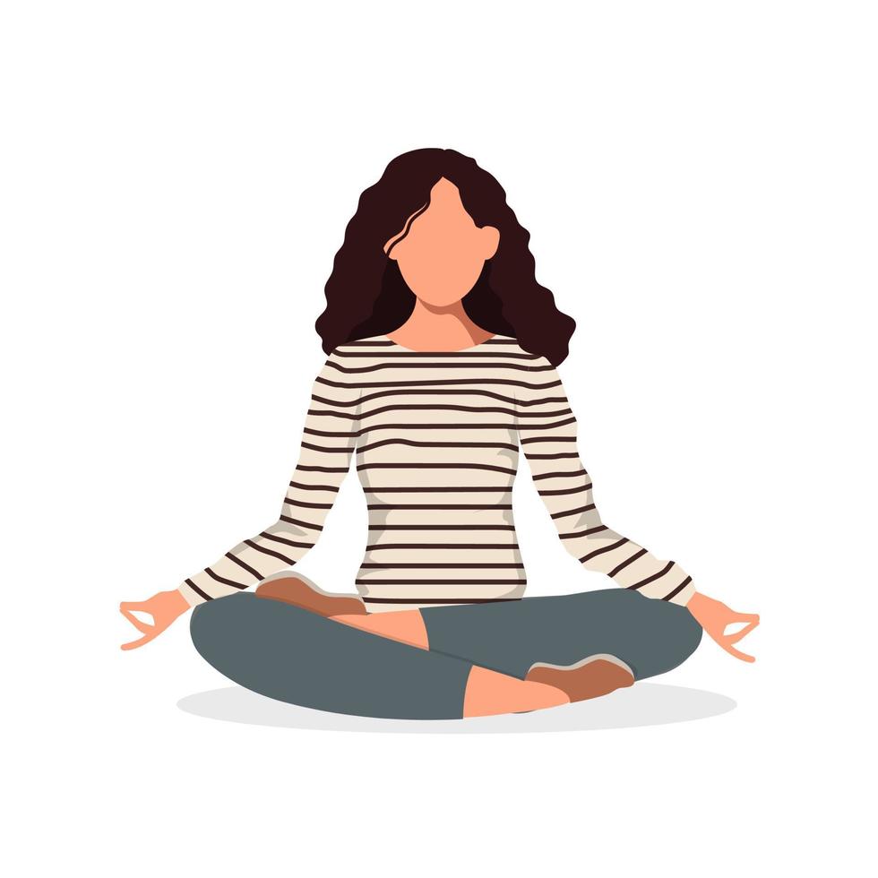 Cross-legged woman meditating or practicing yoga isolated on the white background. Vector illustration of relaxed girl practicing mindfulness meditation and breath control exercises in silence