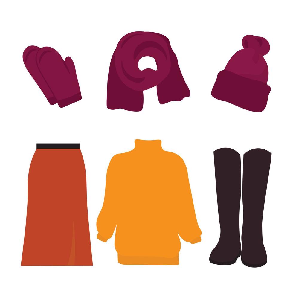 Autumn wardrobe. Warm knitted women's clothing. Wardrobe set vector stock illustration. Isolated on a white background. Hat, scarf, boots, sweater, skirt, mittens.