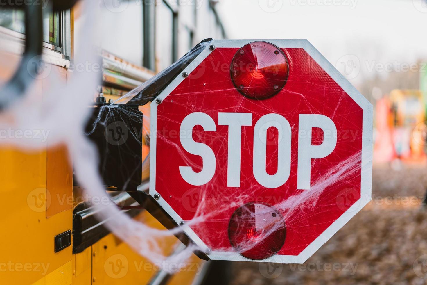 School bus with stop sign decorated with cobwebs photo