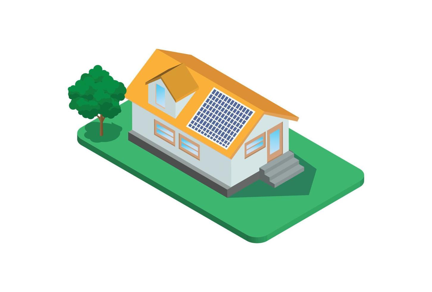 Vector illustration of isometric private cottage or house with solar roof panels for real estate brochures or web icon. Suitable for Diagrams, Infographics, Game Asset, And Other Graphic Related Asset