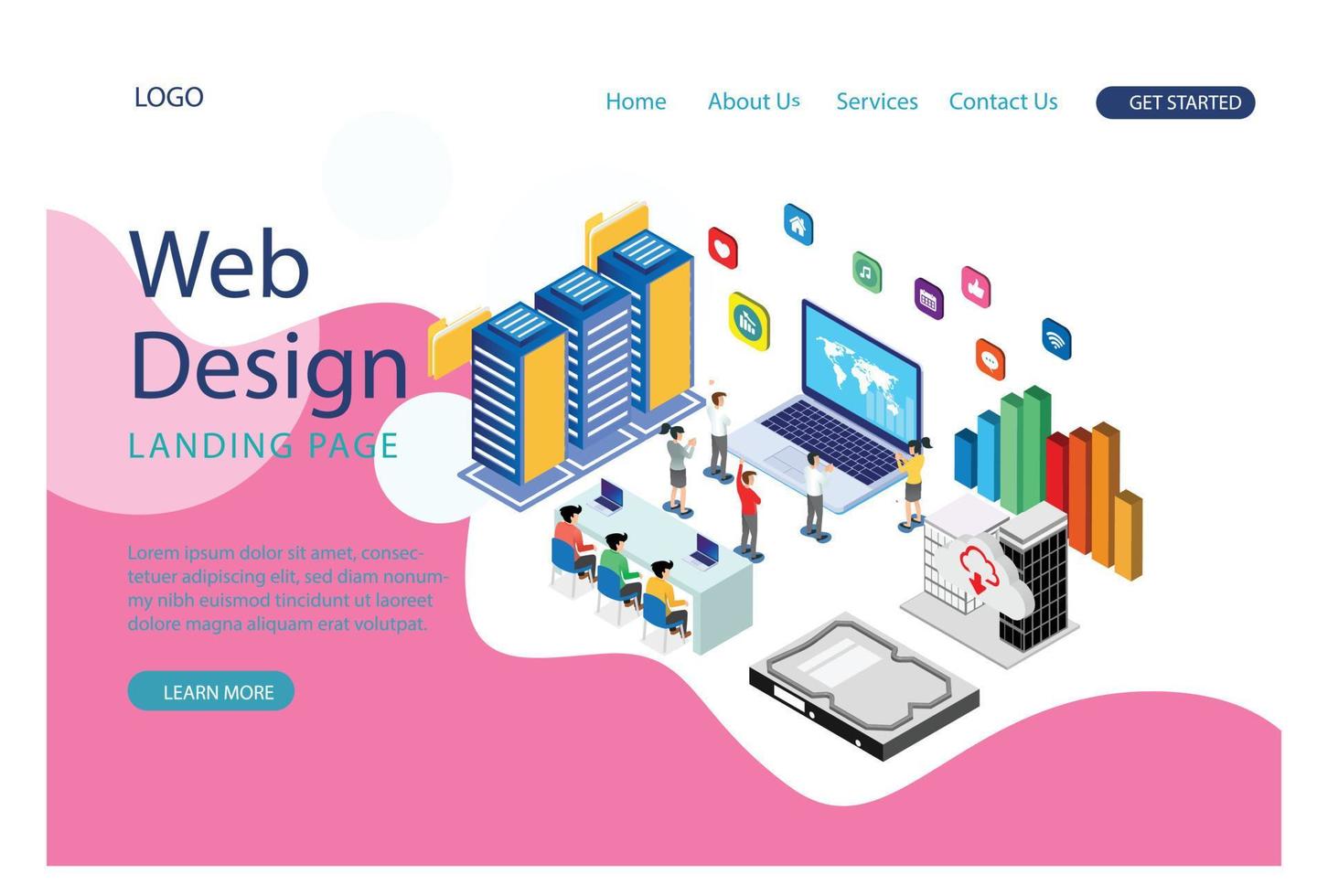 Modern flat design isometric concept of Cloud Technology for banner and website. Landing page template. Data center, software solutions to share informations on digital network. Vector illustration.