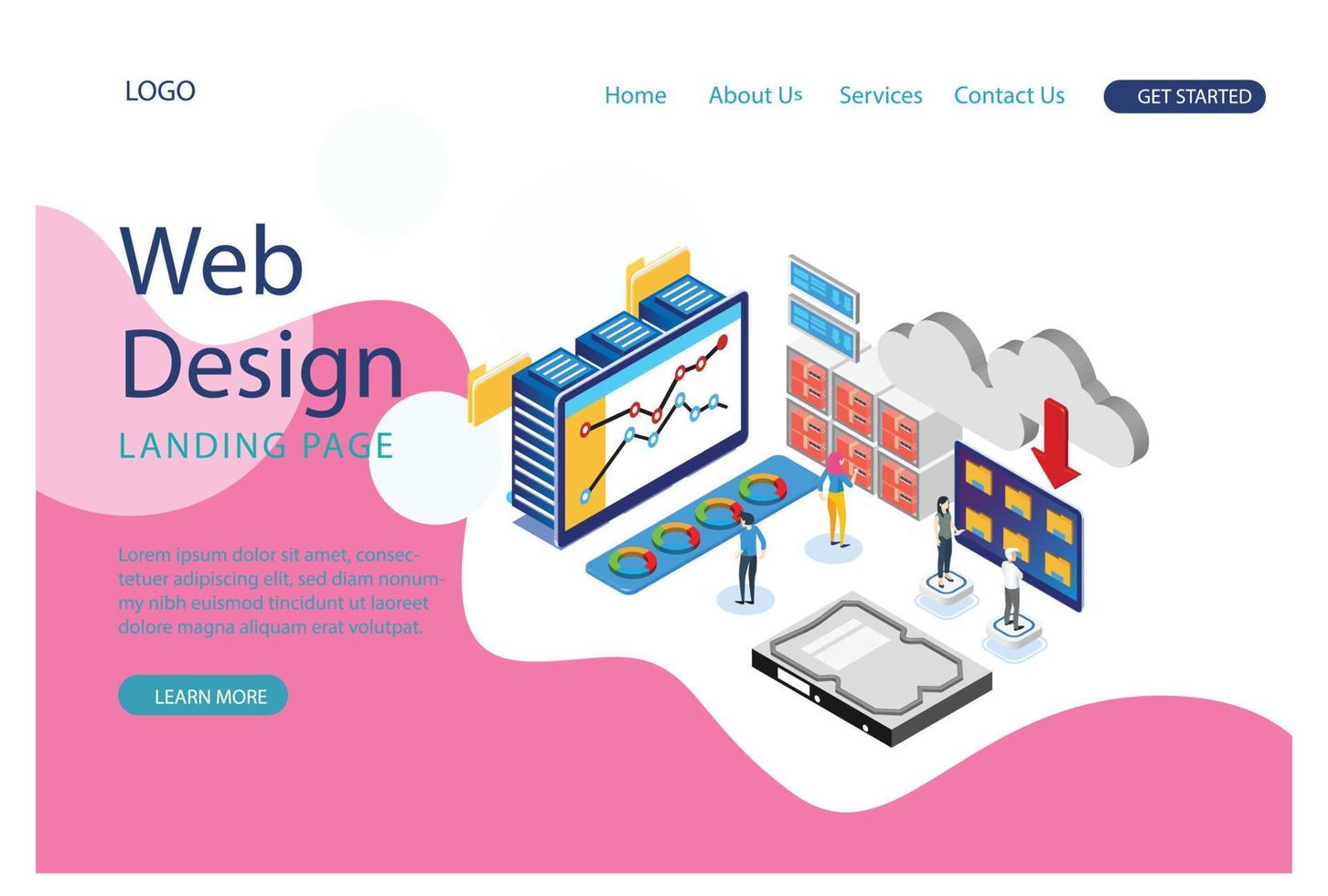 Modern flat design isometric concept of Cloud Technology for banner and website. Landing page template. Data center, software solutions to share informations on digital network. Vector illustration.