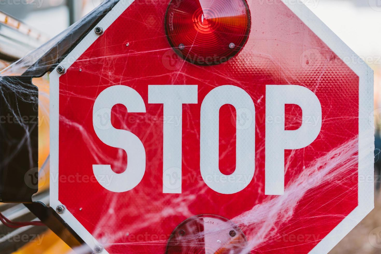 School bus with stop sign decorated with cobwebs photo