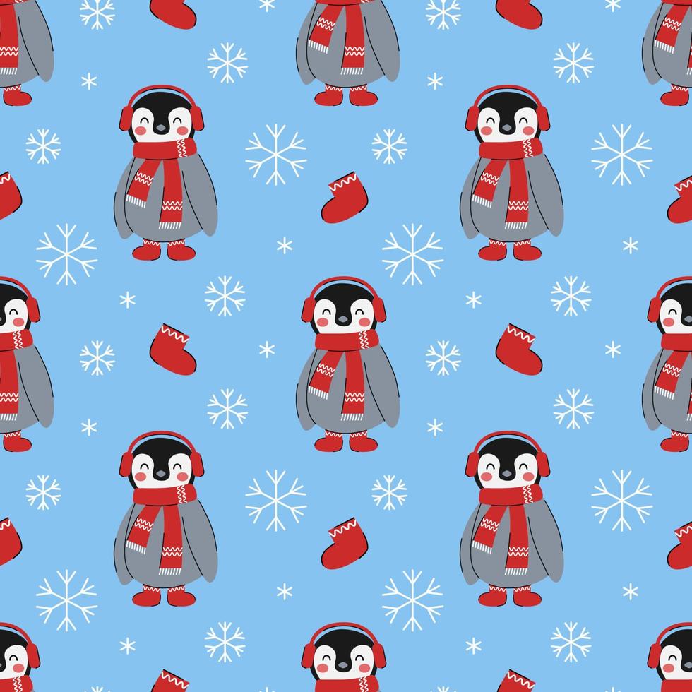 Seamless pattern cute little penguins in winter clothes with snowflakes on blue background. Christmas and New Year animals design vector