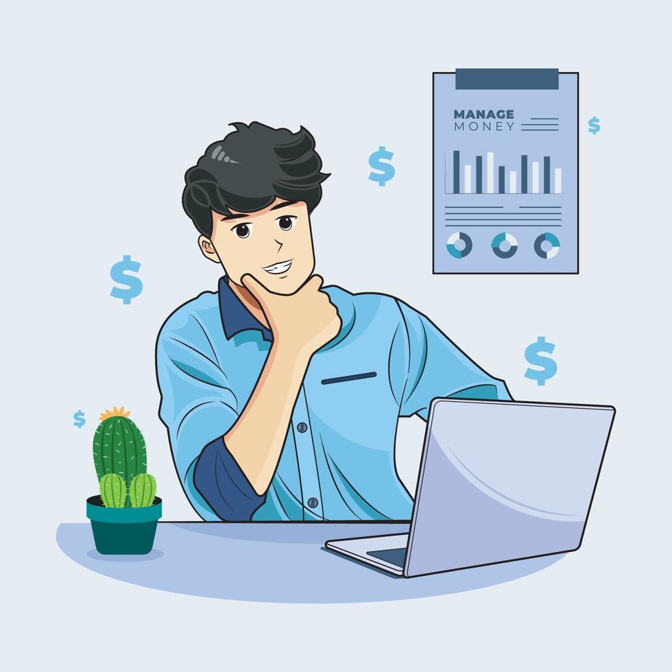Manage money concept. Young business man thinking about business idea vector illustration pro download