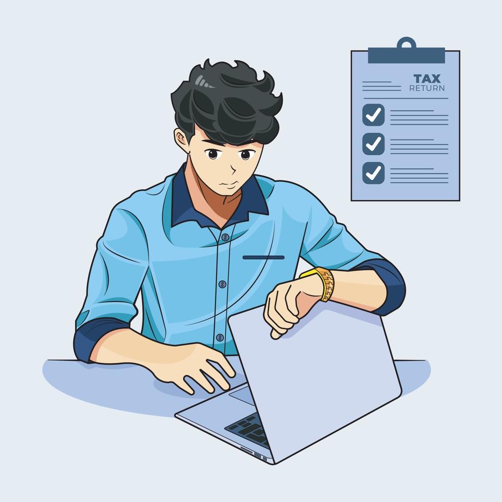Monthly expense planning. Young business man looking at wrist watch vector illustration free download