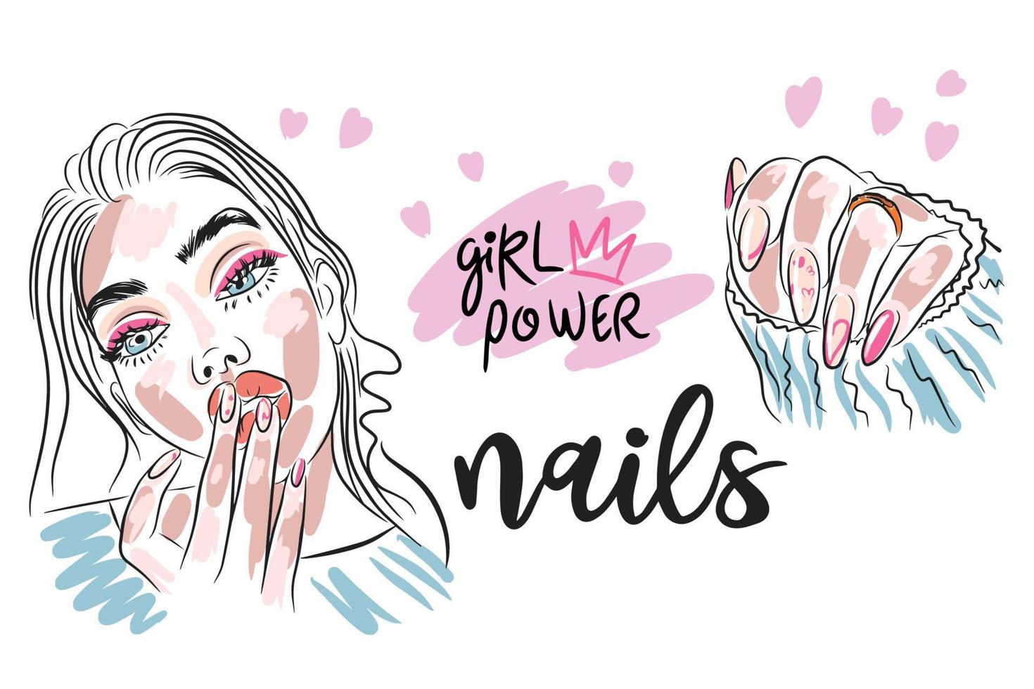 Fashion set, girl strength, nails, handwritten quote, trendy manicure, girl portrait vector
