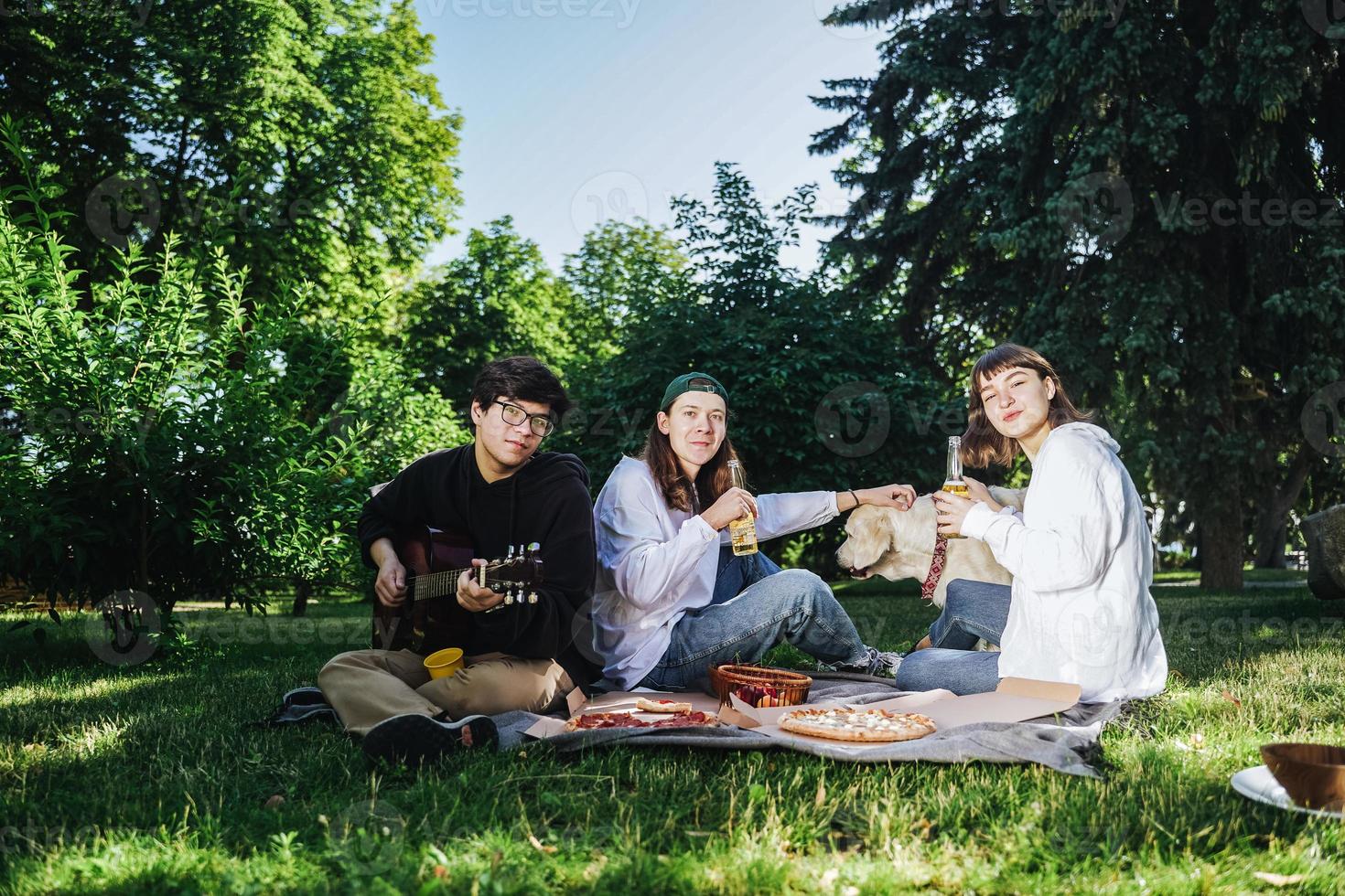 Company of beautiful young people and dog having an outdoor lunch. photo