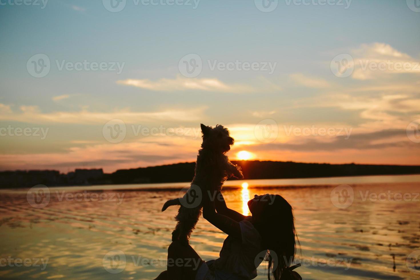 Girl and dog on the lake photo