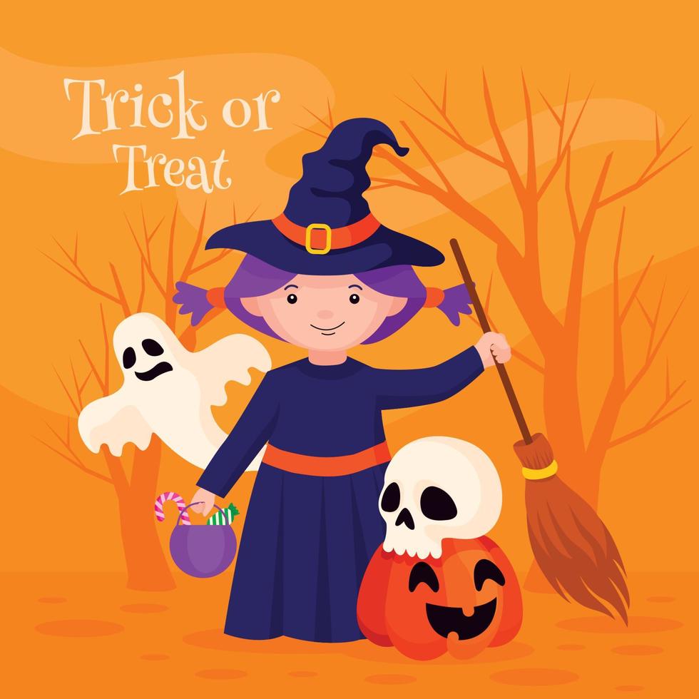 Halloween Trick or Treat with Little Girl in Witch Costume vector