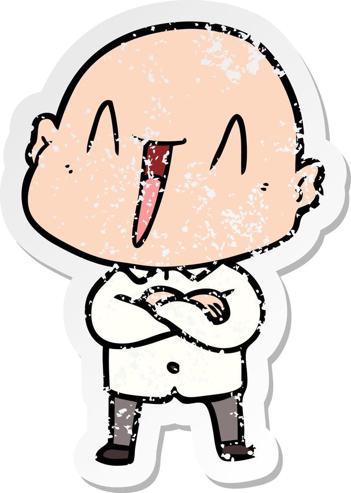 distressed sticker of a happy cartoon bald man vector