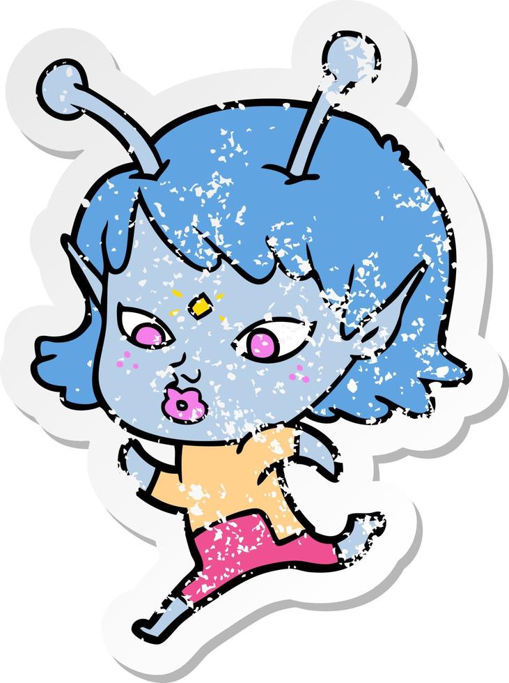 distressed sticker of a pretty cartoon alien girl running vector