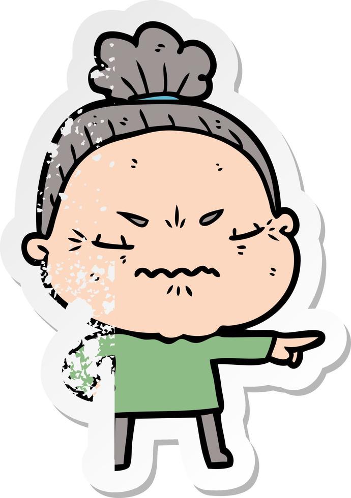 distressed sticker of a cartoon annoyed old lady vector