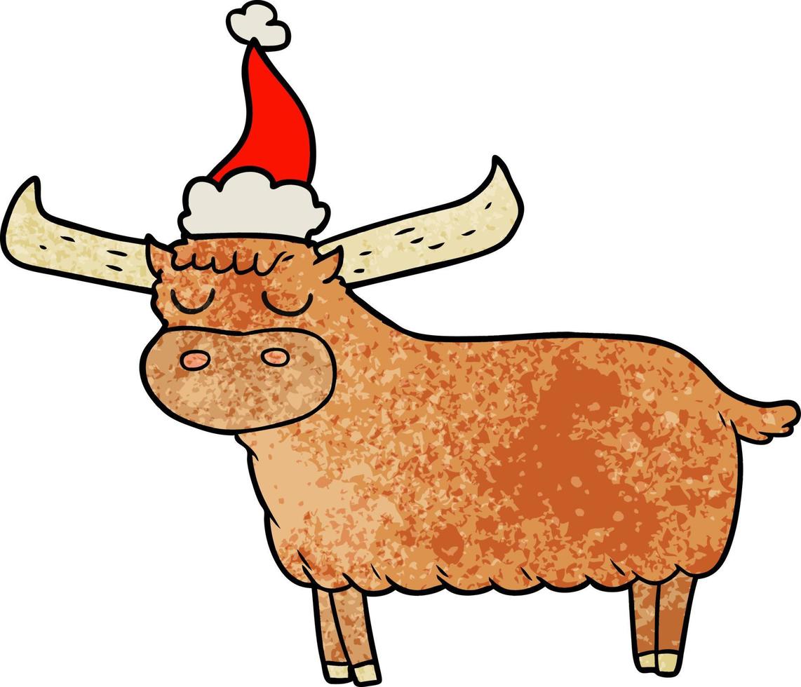 textured cartoon of a bull wearing santa hat vector